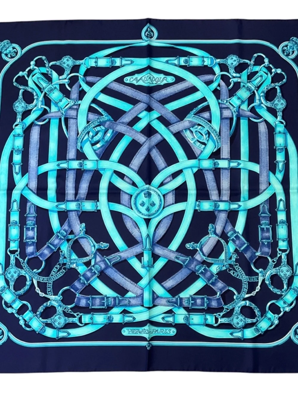 HERMES NAVY BLUE / TURQUOISE CAVALCADOUR PRINT SQUARE SILK TWILL SCARF